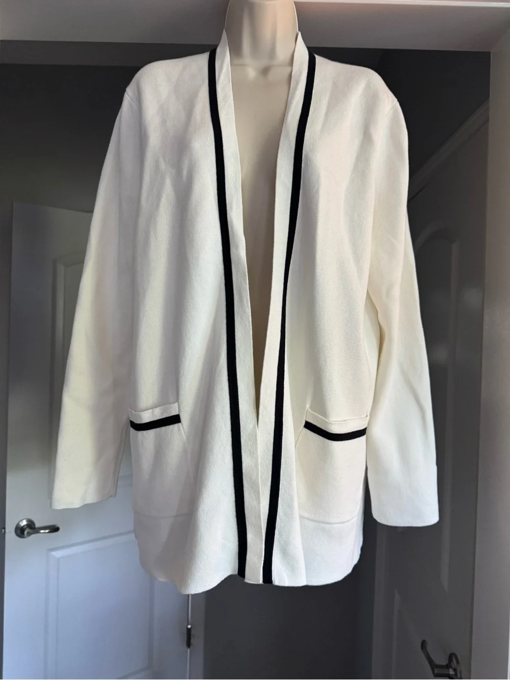 J. Crew Factory Ivory Black Trim Open Front Cotton Cardigan Sweater L